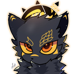 anthro black_body black_ears black_fur black_halo black_inner_ear black_nose brown_pupils chevron_(marking) dot_nose eyebrows_(marking) facial_markings front_view fur halo head_markings looking_at_viewer male markings orange_eyes pupils simple_background solo white_background yellow_eyes yellow_markings yellow_sclera unknown_artist unknown_artist_signature domestic_cat felid feline felis mammal 1:1 digital_media_(artwork) headshot_portrait hi_res portrait signature