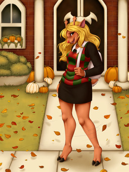 2_toes anthro antlers autumn backpack barefoot blonde_hair buckteeth clothed clothing cloven_hooves detailed_background feet female food freckles fruit grass hair hooves horn leaf long_hair looking_at_viewer open_mouth outside plant pumpkin red_nose solo standing sweater sweater_vest teeth toes topwear vest ajna deltarune undertale_(series) noelle_holiday deer mammal monster new_world_deer reindeer 2021 3:4 digital_media_(artwork) hi_res
