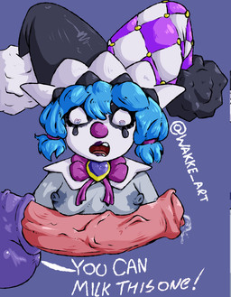 animal_genitalia animal_penis anthro anus black_lipstick blue_hair bow_tie braided_hair breasts clothing clown_hat clown_makeup clown_nose duo equine_genitalia equine_penis female genitals grey_body grey_skin hair holding_own_butt impressed legwear lipstick makeup male male/female penis pigtails shocked shortstack shortstack_female slightly_chubby small_breasts text thick_thighs thigh_highs twin_braids vulva wakke league_of_legends riot_games tencent alistar_(lol) surprise_party_vex_(lol) vex_(lol) equid equine mammal yordle absurd_res hi_res