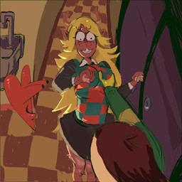 ambiguous_gender anthro antlers black_bottomwear black_clothing black_eyes black_skirt black_topwear blonde_hair bottomwear breast_grab breasts brown_antlers brown_body brown_fur buckteeth clothed clothing duo eyelashes female freckled_face freckles front_view fur green_clothing green_topwear green_vest hair hand_on_breast horn long_hair pattern_clothing pattern_topwear pattern_vest red_clothing red_nose red_topwear red_vest skirt surprised teeth thick_thighs topwear vest wide_eyed wide_hips unknown_artist deltarune undertale_(series) kris_dreemurr noelle_holiday deer human mammal 1:1