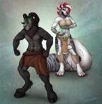 anthro bottomwear clothed clothing duo female horn loincloth looking_at_viewer muscular smile standing tongue tongue_out witchcraft staggard bovid canid canine caprine goat hybrid mammal hi_res