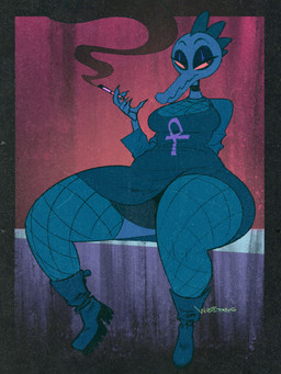 ankh anthro boots breasts cigarette cleavage clothed clothing dress eyeshadow female fishnet_clothing fishnet_legwear fishnet_topwear footwear green_body green_scales legwear makeup pear-shaped_figure red_eyes scales shoes sitting smoking solo thick_thighs topwear wide_hips yellow_sclera wolftangart night_in_the_woods bea_santello alligator alligatorid crocodile crocodilian reptile scalie 3:4 full-length_portrait hi_res portrait