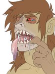 blue_eyes bodily_fluids brown_eyebrows brown_hair eyebrows finger_in_mouth glistening glistening_eyes gradient_tongue green_body green_ears green_skin hair looking_at_viewer male messy_hair open_mouth pink_tongue pupils purple_tongue red_sclera saliva saliva_on_chin saliva_on_tongue sharp_teeth simple_background slit_pupils solo teeth tongue tongue_out white_background imperatorcaesar tom_(imperatorcaesar) humanoid absurd_res hi_res