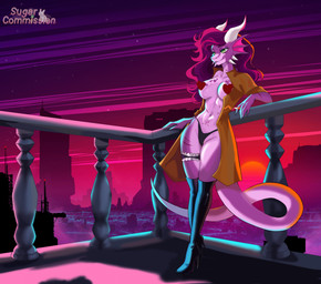 anthro big_breasts biped boots breasts brown_clothing brown_jacket brown_topwear censored_nipples cigarette clothed clothing dragon_tail female female_anthro footwear green_eyes hair heart_(marking) high_heeled_boots high_heels horn jacket legwear long_hair markings multicolored_body navel neon_lights non-mammal_breasts non-mammal_navel pink_body pink_hair pose purple_body purple_hair retro shoes solo standing tail thigh_boots thigh_highs three-quarter_view topless topless_anthro topless_female topwear underwear sugar_(artist) mythology dragon mythological_creature mythological_scalie scalie absurd_res censored digital_drawing_(artwork) digital_media_(artwork) full-length_portrait hi_res portrait shaded simple_shading