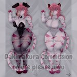 abstract_background akumasinner anthro big_breasts breasts dakimakura dakimakura_design dakimakura_pose dipstick_ears distracting_watermark ear_markings fake_ears fake_rabbit_ears featureless_crotch felid feline female full-length_portrait fur grey_background hair highlights_(coloring) looking_at_viewer lying mammal multicolored_ears nipples on_back pink_hair playboy_outfit portrait simple_background solo striped_body striped_fur stripes thick_thighs watermark white_body white_fur