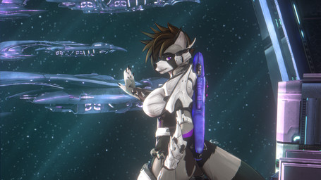 5_fingers anthro armor back_markings biped breasts brown_hair chest_markings energy_sword energy_weapon female female_anthro fingers fluffy fluffy_tail force_field fur grey_body grey_fur hair markings melee_weapon multicolored_body multicolored_fur multicolored_tail plasma_rifle procynoid purple_eyes side_view solo space space_shuttle spacecraft standing sword tail vehicle weapon kvnpoulsen halo_(series) microsoft xbox_game_studios kvn_poulsen covenant mammal procyonid raccoon 16:9 hi_res widescreen