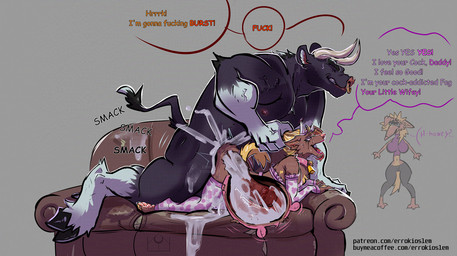 alternate_universe anal anal_penetration animal_genitalia animal_penis animal_print anthro anthro_on_anthro anthro_penetrated anthro_penetrating big_breasts blonde_hair bodily_fluids breasts clothing cow_print cow_stockings cow_suit cowbell cuckquean cum cum_drip cum_in_ass cum_inflated_belly cum_inflated_butt cum_inflation cum_inside dirty_talk dripping duo_focus facial_piercing fake_horns female furniture gay_in_front_of_girls genital_fluids genitals grey_background group hair hair_pulled_back inflation legwear makeup male male/male male_penetrated male_penetrating male_penetrating_male mascara nose_piercing nose_ring penetration penis piercing pink_nose profanity ring_piercing running_makeup running_mascara sex side_view simple_background sofa sofa_sex stockings text throbbing throbbing_penis tongue tongue_out trio_in_panel x-ray_view errokioslem isabelle_(notanumber) oscar_(notanumber) bovid bovine canid canine canis domestic_dog mammal english_text full-length_portrait hi_res portrait url sibling_(lore)