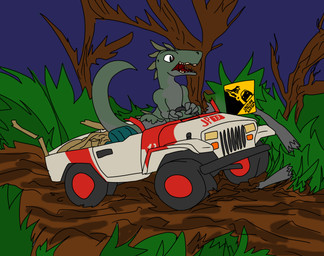 car dirt feral hazard_sign male night outside plant sign solo text tree vehicle henrytheprotogay chrysler jeep jurassic_park stellantis_n.v. universal_studios dinosaur dromaeosaurid prehistoric_species reptile saurischian scalie theropod velociraptor english_text hi_res