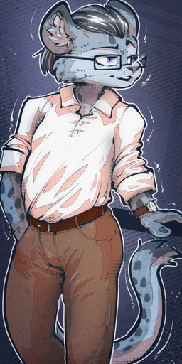 anthro bottomwear clothed clothing eyewear fur glasses hair male markings pants shirt simple_background smile solo spots standing tail topwear wearing_glasses ratcha felid mammal pantherine snow_leopard digital_media_(artwork) hi_res