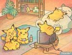 :3 ambiguous_gender beverage book bookshelf cleft_tail controller egg electronics eyes_closed furniture game_controller gaming group holding_controller holding_object inside lying open_mouth plant playing_video_game plushie sitting sleeping smile soda table tail television yellow_body paleona nintendo pokemon generation_1_pokemon pikachu pokemon_(species) snorlax 2015 digital_media_(artwork) signature