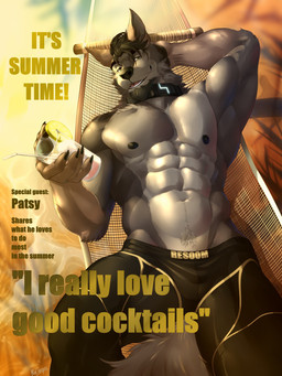 5_fingers abs anthro areola arm_tuft beverage biceps big_muscles big_pecs biped bird's-eye_view black_areola black_bottomwear black_claws black_clothing black_collar black_eyebrows black_nipples black_nose black_pants black_whiskers body_hair bottomwear brown_body brown_facial_hair brown_fur brown_goatee brown_hair brown_pawpads brown_tail cheek_tuft claws clothed clothing collar countershade_face countershade_fur countershade_torso countershading deltoids detailed_background drinking_straw elbow_tuft eyebrows facial_hair facial_tuft fangs finger_claws fingers fluffy fluffy_tail food forearm_muscles front_view fruit fur goatee green_eyes hair hammock hand_behind_head happy_trail high-angle_view holding_beverage holding_cocktail holding_object humanoid_hands ice ice_cube lemon lemon_slice looking_at_viewer lying lying_on_hammock male multicolored_body multicolored_bottomwear multicolored_clothing multicolored_fur muscular muscular_anthro muscular_arms muscular_male navel neck_tuft nipples obliques on_back open_mouth open_smile outside pants pawpads pecs plant pointy_ears prick_ears pubes shadow short_hair smile smiling_at_viewer snout solo spread_legs spreading stocky stripes summer tail tan_body tan_fur teeth text text_on_clothing thick_thighs tongue_showing topless triceps tuft two_tone_bottomwear two_tone_clothing two_tone_pants v-cut warm_lighting water water_ripple whisker_spots whiskers yellow_bottomwear yellow_clothing yellow_pants yellow_stripes purtropos remember_the_flowers patsy_(remember_the_flowers) canid canine canis mammal wolf 2024 3:4 cover digital_media_(artwork) english_text hi_res magazine_cover signature