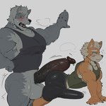 anthro anthro_on_anthro areola balls barazoku bent_over biceps big_balls big_bulge big_butt big_muscles big_penis blush bodily_fluids bottomless bottomless_anthro bottomless_male bottomwear breath bulge butt claws clothed clothed_sex clothing dripping duo emanata erection erection_under_clothing exercise eye_patch eyebrows eyewear frown fur genital_fluids genitals glans grinding hair huge_balls huge_bulge huge_muscles huge_penis humanoid_genitalia humanoid_penis long_penis looking_pleasured male male/male muscular muscular_anthro muscular_male narrowed_eyes open_mouth pecs penis precum precum_drip sex sexercise shirt shorts side_view simple_background size_difference smile standing stretching sweat tank_top teeth tenting thick_arms thick_penis thick_thighs tight_clothing tongue topwear tuft vein white_background akachionmain nintendo star_fox fox_mccloud wolf_o'donnell canid canine canis fox mammal wolf 1:1 2025 hi_res