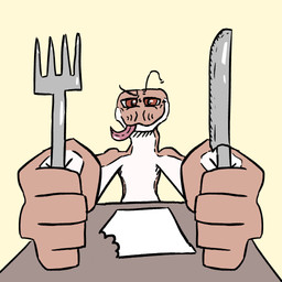 anthro cutlery fork forked_tongue kitchen_utensils knife licking licking_lips looking_at_viewer male multicolored_body perspective sitting smug tongue tongue_out tools two_tone_body ravenfangs fisk_(ravenfangs) ball_python python reptile scalie snake 1:1 absurd_res hi_res meme