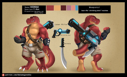 3_toes 5_fingers abs anthro biceps blue_eyes bottomwear claws clothing feet fingers flexing flexing_bicep gloves grin gun gun_holster handgun handwear laser_gun machete male melee_weapon muscular muscular_anthro muscular_male pistol ranged_weapon red_body science_fiction simple_background smile solo spines tail text toe_claws toes toothy_grin torn_bottomwear torn_clothing weapon bakameganekko vedrax dinosaur prehistoric_species reptile saurischian scalie theropod tyrannosaurid tyrannosauroid tyrannosaurus tyrannosaurus_rex absurd_res english_text hi_res model_sheet url