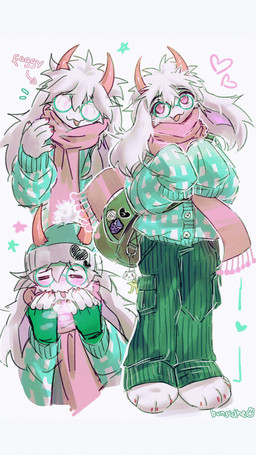 ambiguous_gender anthro backpack claws clothing delta_rune_(emblem) emanata eyes_closed eyewear fangs floppy_ears foggy_glasses fur glasses hair hat headgear headwear heart_symbol horn open_mouth paws pink_eyes scarf simple_background solo star_symbol symbol teeth text white_body white_fur white_hair bunsidhe deltarune undertale_(series) ralsei bovid caprine mammal starwalker 2025 9:16 english_text hi_res signature male_(lore)