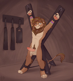 anthro arms_tied balls bdsm bdsm_room blue_eyes bound brown_body brown_fur brown_mane claws erection fur genitals hands_up humanoid_genitalia humanoid_penis looking_away male mane navel penis pink_penis round_ears small_ears smile smug solo standing tail tail_tuft tan_body tan_fur tuft mimi-fox felid lion mammal pantherine 2025 colored_sketch digital_drawing_(artwork) digital_media_(artwork) hi_res sketch
