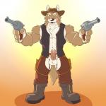 abs anthro biceps bodily_fluids boots chaps clothed clothing cowboy cowboy_hat cum footwear fur genital_fluids genitals gun hat headgear headwear humanoid_genitalia humanoid_penis male muscular muscular_anthro muscular_male pecs penis ranged_weapon shoes simple_background solo weapon greydaboy canid canine canis coyote mammal 1:1 2017 digital_media_(artwork) hi_res