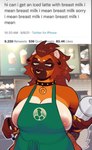 anthro apron apron_only areola areola_slip big_breasts breasts brown_body brown_fur brown_hair cheek_piercing claws clothing collar container count cup dialogue_box dual_holding ear_piercing facial_piercing female fur gauged_ear green_apron green_clothing hair holding_container holding_cup holding_object holding_pen humor menu mostly_nude nipple_piercing nipples nose_piercing nose_ring number pen piercing repeated_text ring_piercing septum_piercing shaker solo standing text time timestamp writing_utensil yeehaw_goth i_mean_breast_milk starbucks canid canine canis domestic_dog mammal artist_name digital_media_(artwork) draw_over english_text meme shaded signature