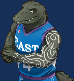 arm_tattoo basketball_jersey blue_clothing brown_eyes clothing green_body green_skin head_spikes logo male markings multicolored_clothing number purple_clothing scale_markings scales sharp_teeth snout solo spiked_tail spikes spikes_(anatomy) tail tattoo teeth tribal tribal_tattoo tacorat alligator alligatorid crocodilian reptile scalie 2015 alpha_channel
