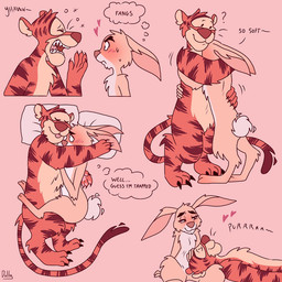 3_toes 5_fingers anthro arm_tuft bent_arm black_claws black_eyebrows black_eyes blush blushing_profusely bodily_fluids brown_stripes brown_tail_tip claws dialogue dipstick_tail dot_eyes duo ears_down elbow_tuft eyebrows eyes_closed fangs feet finger_claws fingers fur furrowed_brow furrowed_eyebrows hand_on_arm hands_on_own_hips head_on_lap head_on_pillow headpat heart_symbol hug hugging_another hugging_partner interspecies larger_anthro larger_male lidded_eyes long_ears long_tail looking_at_another looking_at_partner lying male male/male male_anthro markings motion_lines multicolored_body multicolored_fur name_drop name_in_dialogue on_lap on_side one_eye_closed open_mouth orange_body orange_fur orange_tail pillow pink_background pink_inner_ear pink_tongue pivoted_ears purring red_nose scut_tail short_tail simple_background simple_eyes size_difference sleeping smaller_anthro smaller_male smile smiling_at_another smiling_at_partner standing striped_body striped_fur striped_markings striped_tail stripes sweat sweatdrop tail tail_markings tan_body tan_fur teeth text thinking toe_claws toes tongue tongue_out tuft two_tone_body two_tone_fur white_body white_fur white_pillow white_tail yawn the-fucking-cannabal disney winnie_the_pooh_(franchise) rabbit_(winnie_the_pooh) tigger felid lagomorph leporid mammal pantherine rabbit tiger 1:1 2023 artist_name digital_drawing_(artwork) digital_media_(artwork) english_text flat_colors