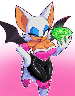 anthro big_breasts blue_eyeshadow bodysuit breasts chaos_emerald cleavage clothed clothing eyeshadow female gem green_eyes hair lipstick looking_at_viewer makeup one_eye_closed skinsuit smile solo tight_clothing white_hair wings wink winking_at_viewer roboticsteve sega sonic_the_hedgehog_(series) rouge_the_bat bat mammal absurd_res hi_res