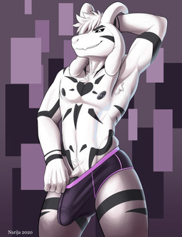 anthro armpit_hair athletic black_nipples black_penis black_sclera body_hair briefs bulge clothing clothing_pull detailed_bulge fangs genital_outline genitals hand_behind_head horn humanoid_genitalia humanoid_penis long_ears male muscular muscular_anthro nipples penis penis_base penis_outline pose pubes smile smirk solo teasing teeth underwear underwear_pull narija undertale undertale_(series) asriel_dreemurr_(god_form) boss_monster_(undertale) bovid caprine goat mammal absurd_res hi_res pinup portrait three-quarter_portrait