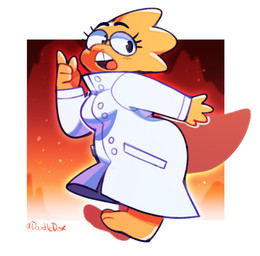 3_toes 4_fingers abstract_background anthro barefoot belly blush breasts buckteeth butt clothed clothing coat eyewear feet female fingers gesture glasses hand_gesture lab_coat looking_back non-mammal_breasts on_heels open_mouth pointing pointing_up scales side_view simple_background slightly_chubby slightly_chubby_female solo tail teeth text thick_tail toes topwear yellow_body yellow_scales doodledox undertale undertale_(series) alphys lizard reptile scalie english_text signature