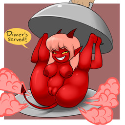 breasts butt female genitals hair horn looking_at_viewer mocah nipples not_furry nude simple_background solo tail thick_thighs blackbetty mythology demon humanoid 1:1 absurd_res hi_res