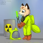 1:1 2024 accessory anthro barrel biped black_nose canid canine child clothed clothing drjavi eyebrows female fox furgonomics glowing green_clothing hair hair_accessory hairclip hazmat_suit hi_res holding_object inner_ear_fluff kita_(kemokin_mania) konda-chan looking_at_object mammal radiation_symbol silly_face simple_background solo symbol tan_body tan_hair tongue tongue_out tuft young young_anthro young_female