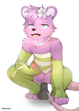 accessory anal anal_masturbation anal_penetration animal_genitalia animal_penis anthro arm_warmers armwear balls blue_eyes bodily_fluids clothing crouching cum dildo dildo_in_ass dildo_insertion dress ejaculation flower flower_in_hair fur gem genital_fluids genitals hair hair_accessory jewelry legwear looking_pleasured male masturbation necklace object_in_ass orgasm pearl_(gem) pearl_necklace penetration penile penile_masturbation penis pink_body pink_fur pink_hair pink_penis plant sex_toy sex_toy_in_ass sex_toy_insertion solo stockings tail tongue tongue_out sahajett alex_ariel mammal mouse murid murine rodent absurd_res hi_res