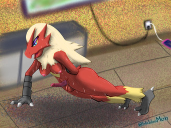 anthro avian_feet balls blue_eyes bodily_fluids breasts butt claws exercise genitals gynomorph hand_behind_back intersex nipples non-mammal_balls non-mammal_nipples penis push-up red_body solo sweat blubluumon nintendo pokemon blaziken generation_3_pokemon pokemon_(species) 4:3 hi_res
