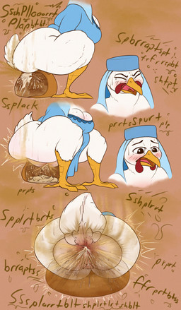anthro anus avian_feet beak big_butt bird_feces bodily_fluids butt clothed clothing clothing_lift colored_feces diarrhea dress dress_lift embarrassed explosive_diarrhea feathers feces feces_in_ass feces_in_container female genitals medieval medieval_clothing onomatopoeia pooping pooping_in_container smelly smelly_butt solo sound_effects sweat text unusual_feces vulva white_body white_feathers white_feces cheekles disney robin_hood_(disney) lady_kluck avian bird chicken galliform phasianid hi_res