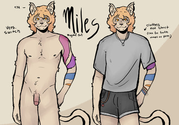 anthro blonde_hair clothed clothing flaccid foreskin fur genitals hair male penis piercing solo standing tattoo text white_body white_fur froztvyte domestic_cat felid feline felis mammal ragdoll_cat english_text hi_res model_sheet