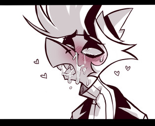 anthro black_bars blush bodily_fluids clothed clothed_anthro clothing cum cum_in_mouth cum_inside cum_on_face cumshot ejaculation fully_clothed genital_fluids glistening glistening_eyes hat headgear headwear looking_up male sharp_teeth solo sweat sweatdrop tears tears_of_pleasure teeth himejoshimaster hellaverse helluva_boss chazwick_thurman aquatic fish shark hi_res letterbox
