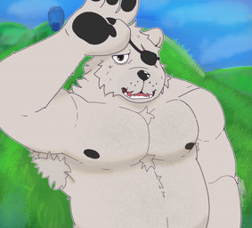anthro black_claws black_eye_patch black_eyewear black_nipples blue_sky claws eye_patch eyewear fur grass grey_eyes male musclegut muscular nipples plant scar simple_background sky solo white_armpit_hair white_body white_fur plagadraws epic_games fortnite polar_patroller bear mammal polar_bear ursine low_res