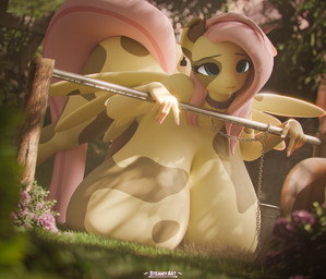 anthro bent_over big_breasts biped breasts butt chain chain_leash collar detailed_background ear_piercing ear_tag eyelashes feathered_wings feathers female hair huge_breasts hyper hyper_breasts leash leashed_collar markings nude outside piercing pink_hair pupils solo spots spotted_body thick_thighs three-quarter_view wings yellow_body steamyart friendship_is_magic hasbro my_little_pony mythology fluttershy_(mlp) equid equine mammal mythological_creature mythological_equine pegasus 3d_(artwork) absurd_res digital_media_(artwork) hi_res