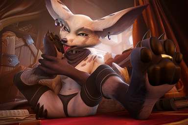 anthro auto_foot_lick big_ears blue_eyes breasts choker claws clothed clothing collar digit_ring ear_piercing ear_ring feet female floppy_ears foot_fetish foot_lick foot_play fur fur_markings inside jewelry licking looking_at_viewer markings necklace pawpads paws piercing ring ring_piercing scarf self_lick sitting sitting_on_ground skinny small_breasts soles solo spread_legs spreading tail tail_markings toe_ring toes tongue tongue_out underwear vixenpeeks blizzard_entertainment warcraft peeks_(vulpera) canid canine fox mammal true_fox vulpera 3:2 3d_(artwork) digital_media_(artwork) hi_res