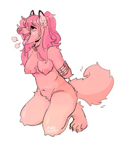 anthro areola arms_tied bdsm blush bodily_fluids bondage bound breasts breath claws collar female fluffy fluffy_tail fur hair hands_behind_back kneeling nipples nude open_mouth panting paws pink_body pink_fur pink_hair restraints rope rope_bondage saliva saliva_string simple_background solo tail tail_motion tailwag tongue tongue_out tuft duskiglow canid canine canis domestic_dog fox hybrid mammal shiba_inu spitz 2021 digital_media_(artwork) hi_res pink_theme signature
