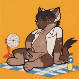 anthro balls bedding belly beverage black_hair blanket bodily_fluids bottle bottomless brown_body claws clothed clothing container countershading dark_body dark_glans dark_skin electric_fan erection foreskin genitals green_eyes hair horn humanoid_genitalia humanoid_penis iced_tea male masturbation open_clothing open_shirt open_topwear penile penile_masturbation penis shirt shirt_only simple_background sitting slightly_chubby solo sweat tail_fur tea topwear topwear_only vickydanne mythology dragon mythological_creature mythological_scalie scalie 1:1 2d_animation animated