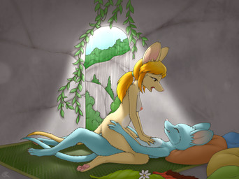 anthro breasts cave duo female light male male/female nude sex sunlight tail crocodiler_owen shioji_(gamba_no_bouken) hi_res