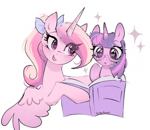 babysitter book duo eyewear female feral glasses horn reading simple_background sparkles wings petaltwinkle friendship_is_magic hasbro my_little_pony mythology princess_cadance_(mlp) twilight_sparkle_(mlp) equid equine mammal mythological_creature mythological_equine winged_unicorn hi_res