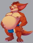 3_toes anthro arm_markings balls_outline barefoot belly big_belly big_bulge big_deltoids big_ears big_eyes big_muscles big_pecs blue_clothing blue_speedo blue_swimwear brown_arms brown_body brown_feet brown_fingers brown_fur brown_hands brown_legs brown_markings brown_pupils brown_toes bulge claws clothed clothed_anthro clothed_male clothing deltoids detailed_bulge ear_tuft ears_outwards eyebrows facial_markings feet fur genital_outline grey_background half-closed_eyes hand_on_belly hand_on_leg head_markings head_tuft huge_deltoids huge_muscles huge_pecs inner_ear_fluff leg_markings looking_down male male_anthro markings mask_(marking) morbidly_obese morbidly_obese_anthro morbidly_obese_male multicolored_body multicolored_fur multicolored_legs muscular muscular_anthro muscular_arms muscular_legs muscular_male muscular_thighs narrowed_eyes nipples obese obese_anthro obese_male open_mouth open_smile orange_arms orange_body orange_eyebrows orange_eyes orange_fur orange_legs orange_pseudo_hair orange_tail overweight overweight_anthro overweight_male pecs pink_mouth pink_nipples pink_nose pink_tongue pivoted_ears plantigrade pseudo_hair pupils simple_background smile socks_(marking) solo speedo speedo_only standing swimwear tail tan_belly tan_chest tan_legs tan_markings tan_tail thick_neck three-quarter_view toes tongue topless topless_anthro topless_male tuft two_tone_arms two_tone_tail white_claws bristol wildstar fan_character gusho chua mammal 2019 colored digital_drawing_(artwork) digital_media_(artwork) full-length_portrait hi_res portrait shaded