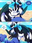 2018 3:4 5_fingers anthro arched_back beach big_forearms big_hands bikini blue_eyes blue_hair cetacean clenched_teeth clothing comic countershade_face countershade_torso countershading day detailed_background dialogue digital_media_(artwork) dolphin dragon duo english_text eyebrows eyes_closed female fingers forearms gradient_hair hair hi_res hybrid kneeling lying mammal marine membrane_(anatomy) membranous_wings multicolored_hair mythological_creature mythological_scalie mythology nude oceanic_dolphin on_side orca outside penelope_(rainbowscreen) rainbowscreen sand scalie seaside speech_bubble swimwear tail teeth text toothed_whale two-piece_swimsuit two_tone_hair water white_body white_countershading white_hair wings worried