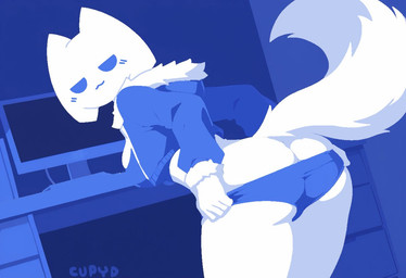 anthro bedroom_eyes biped blue_bra blue_clothing blue_eyes blue_hoodie blue_mouth blue_topwear blue_underwear blush blush_lines bra breasts butt clothed clothing computer cropped_hoodie desk desktop discord_logo electronics female fluffy fluffy_tail fur furniture hoodie looking_at_viewer narrowed_eyes seductive solo table tail text topwear underwear undressing undressing_self white_body white_fur cupyd discord_(app) clyde_(discord) unknown_species 2026 artist_name colored digital_media_(artwork) shaded