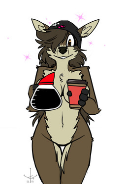 anthro beanie beverage breasts clothing coffee coffee_cup container cup featureless_crotch female hair happy hat headgear headwear long_hair looking_at_viewer missing_texture mostly_nude solo sparkles topazknight ida_(topazknight) cervine deer mammal mule_deer new_world_deer absurd_res hi_res