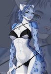 2024 abs anthro athletic athletic_anthro athletic_female beaded_panties blue_body blue_eyes blue_hair blue_spots blurred_background bow_bra bra breasts chest_tuft clothed clothed_anthro clothed_female clothing clothing_pull digital_media_(artwork) felid feline female female_anthro fingers fur grey_body grey_fur hair hi_res inner_ear_fluff khajiit lace_panties leopard lingerie looking_at_viewer m'ria_(maks_hunt) mammal markings microsoft nimari pantherine panties panty_pull smile snow_leopard solo spots spotted_body spotted_fur standing tail text the_elder_scrolls tuft under_boob underwear underwear_pull white_body white_fur