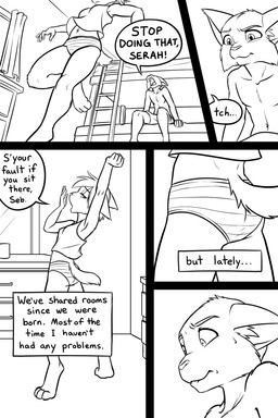 adolescent anthro bed bedroom blush bunk_bed clothed clothing dialogue digitigrade duo female furniture inside ladder looking_at_butt male midriff narration navel on_bed open_mouth perspective sitting speech_bubble text topless underwear yawn yelling young young_anthro young_female young_male black-kitten sebastien_(black-kitten) serah_(black-kitten) felid feline lynx mammal 2:3 black_and_white comic digital_drawing_(artwork) digital_media_(artwork) english_text hi_res line_art monochrome sketch adult_(lore) brother_(lore) brother_and_sister_(lore) sibling_(lore) sister_(lore) twins_(lore)