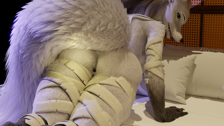all_fours anthro anus bandage bandaged_arm bandaged_leg bed big_butt black_anus black_arms butt claws female fluffy fluffy_tail fur furniture genitals grey_hair hair inside looking_at_viewer looking_back looking_back_at_viewer on_bed pillow realistic_fur rear_view sharp_teeth solo tail tail_aside teeth thick_thighs vulva white_body white_fur wide_hips yellow_eyes mrs_dexie furromantic_(modeler) bloodborne fromsoftware mythology sony_corporation sony_interactive_entertainment vicar_amelia beast_(bloodborne) canid canine mammal mythological_canine mythological_creature werecanid werecanine werecreature werewolf 16:9 2024 3d_(artwork) absurd_res digital_media_(artwork) hi_res widescreen