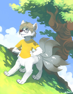 5_tails blue_eyes blue_sky brown_nose clothed clothing cloud day detailed_background digitigrade dutch_angle eyewear fur glasses grass grey_hair grey_inner_ear hair hands_on_own_hips male multi_tail outside paws plant rectangular_glasses shirt short_hair sky smile snout solo t-shirt tail topwear tree wearing_glasses white_body white_fur yellow_clothing yellow_shirt yellow_t-shirt yellow_topwear darmp ron_caedmon canid canid_taur canine canine_taur fox fox_taur mammal mammal_taur taur 2014 digital_media_(artwork) digital_painting_(artwork) full-length_portrait hi_res painting_(artwork) portrait shaded