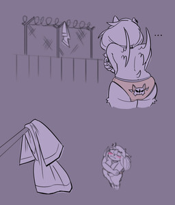 anthro blush breasts butt clothed clothing covering covering_breasts covering_self ear_piercing female fence looking_up outside panties panties_only piercing rear_view shirt skull_symbol solo tail topless topwear underwear underwear_only wings blueregardtwo tasha_(blueregardtwo) bat mammal hi_res